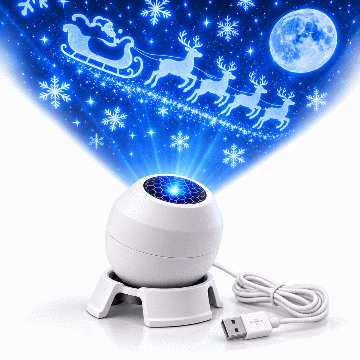 Projetor de Natal LumiLar em movimento, com projeção azul de Papai Noel e renas