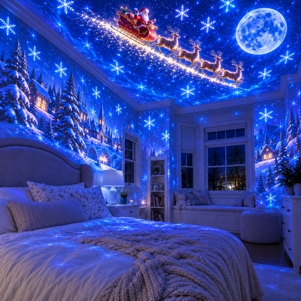 Quarto com projeção de Natal, depois de ligar o MerryGlow